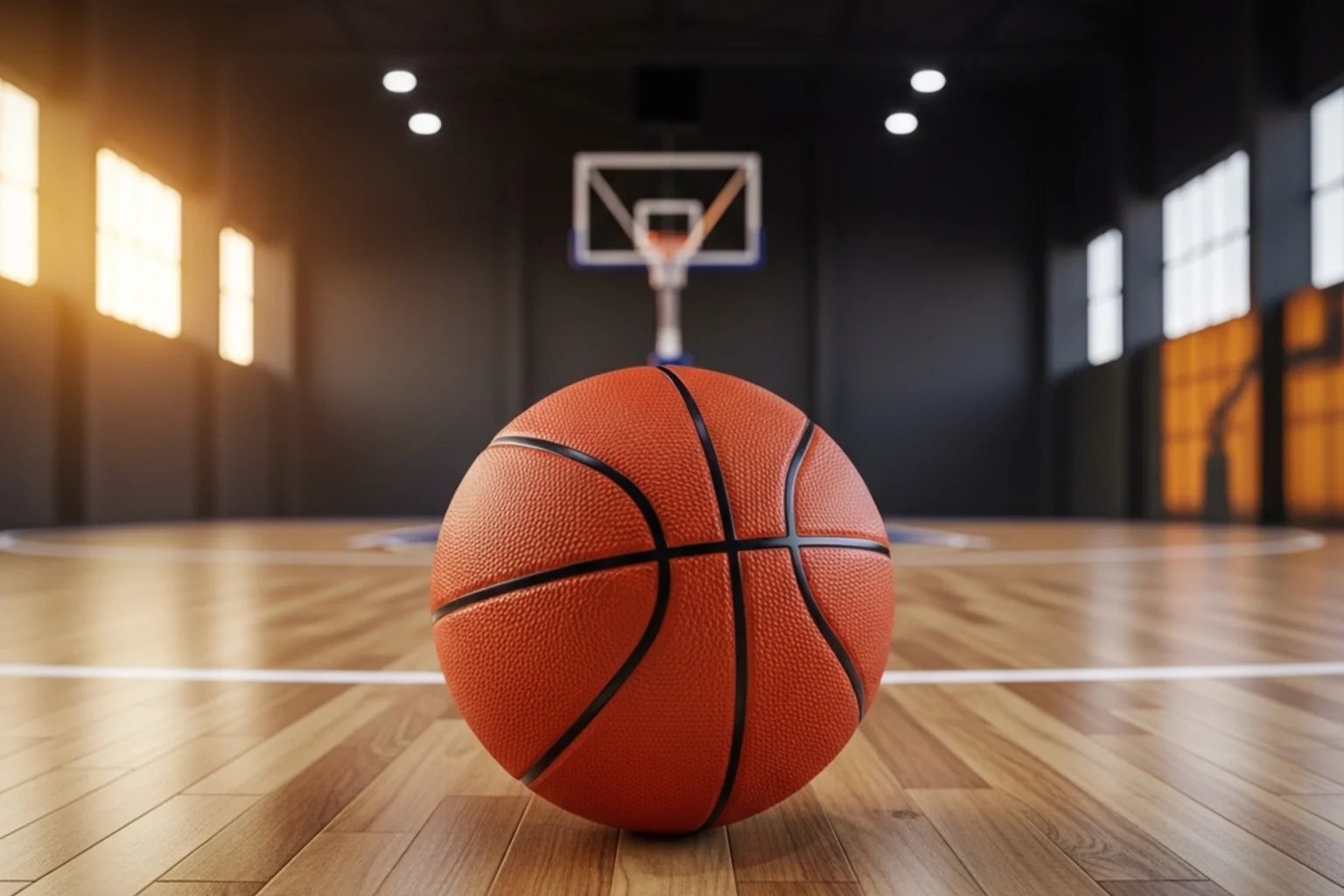 Apuestas futuras NBA: balón de baloncesto sobre parqué con líneas de la cancha en primer plano