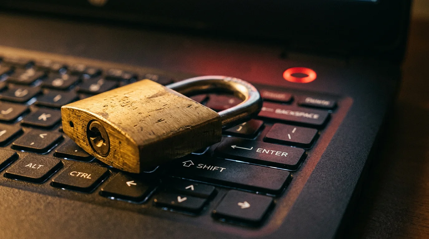Candado cerrado sobre un teclado de ordenador con luces de advertencia