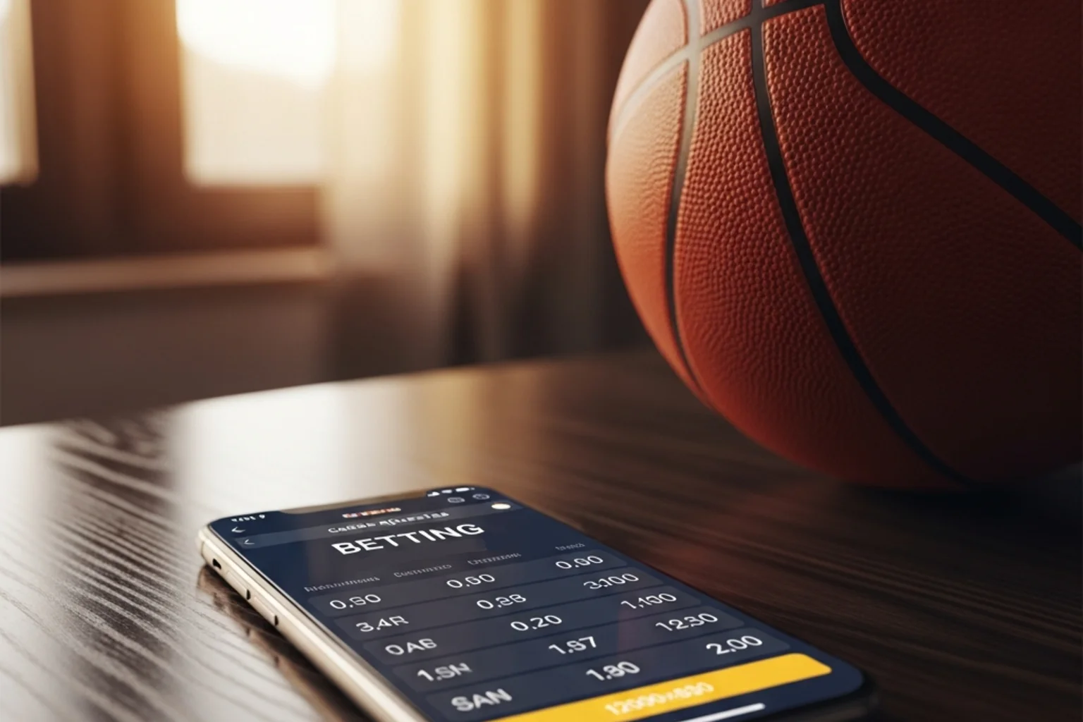 Casas de apuestas NBA en España: smartphone mostrando apuestas de baloncesto en una mesa con balón