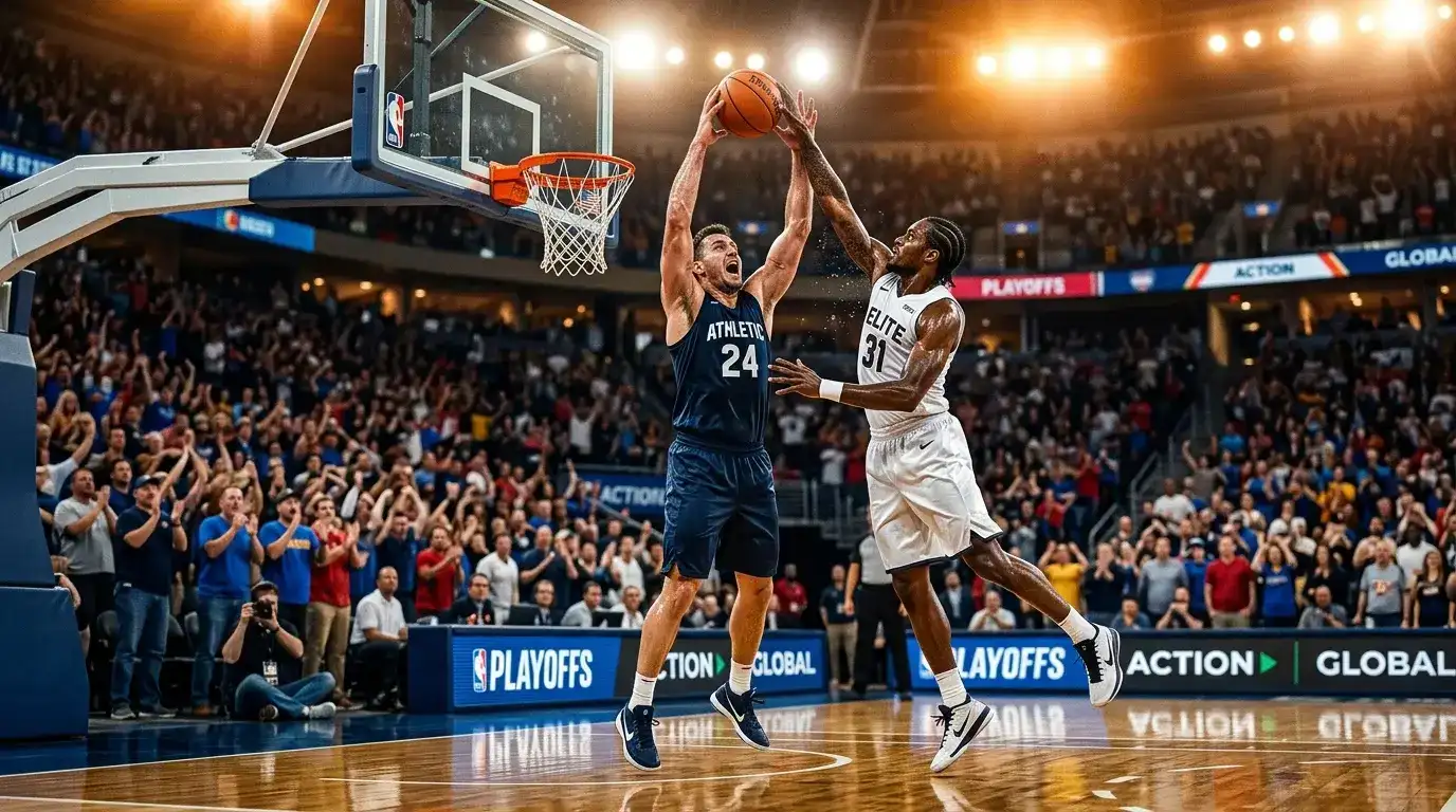 Jugadores de baloncesto NBA disputando un partido de playoffs en una cancha profesional con público en las gradas