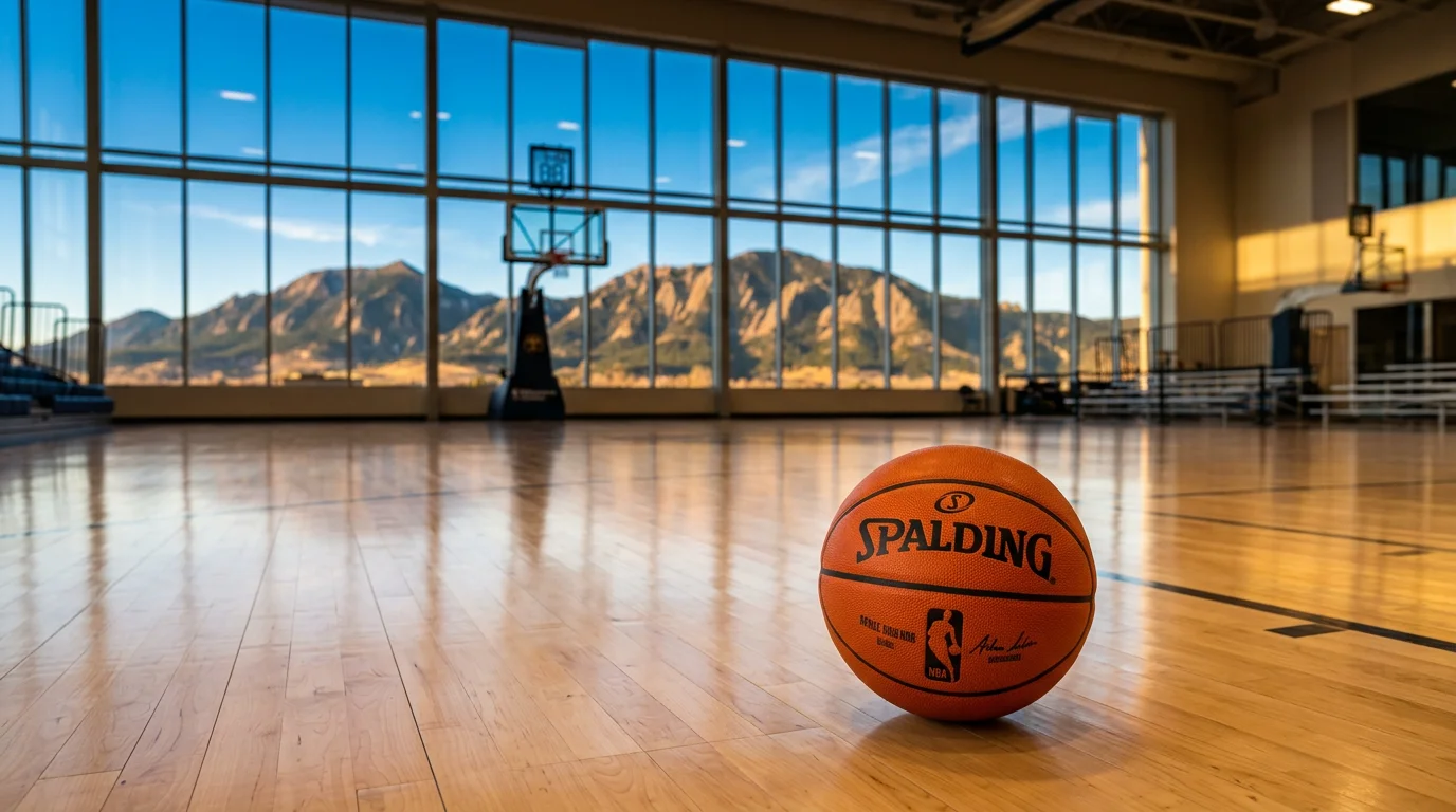 Balon de baloncesto NBA sobre parquet con las montanas de Denver al fondo a traves de una ventana