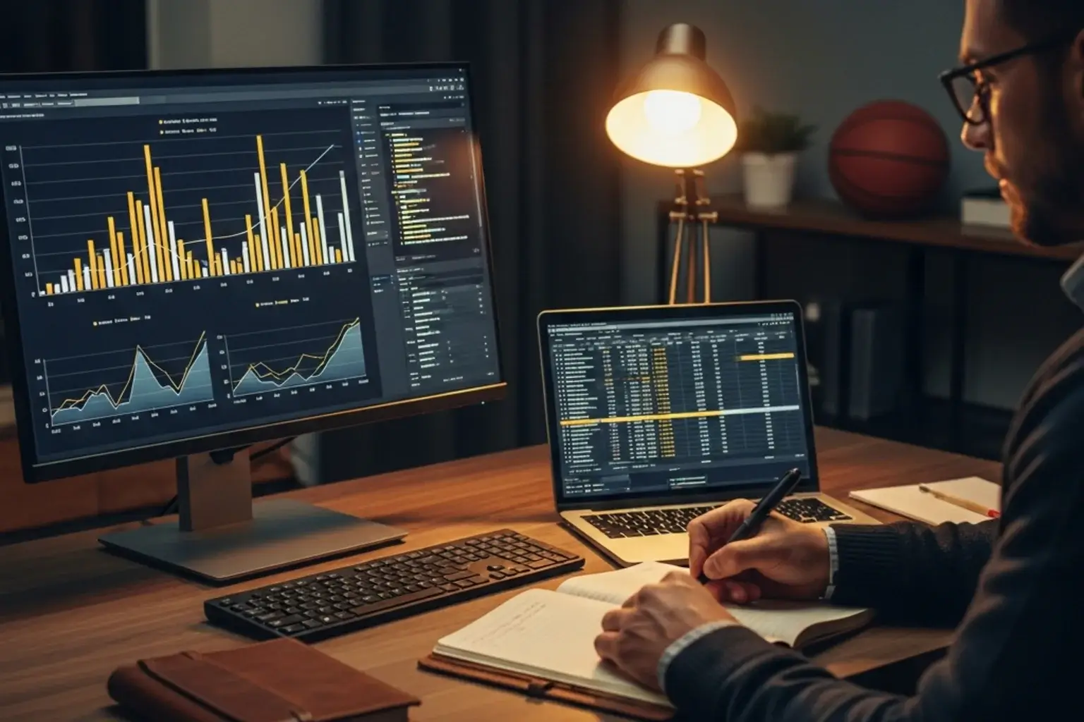 Analista deportivo revisando estadísticas de baloncesto NBA en una pantalla con gráficos de rendimiento y cuotas de apuestas