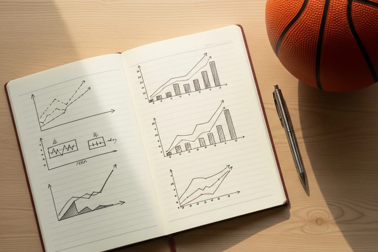 Estrategias apuestas NBA: cuaderno de análisis junto a un balón de baloncesto sobre superficie de madera