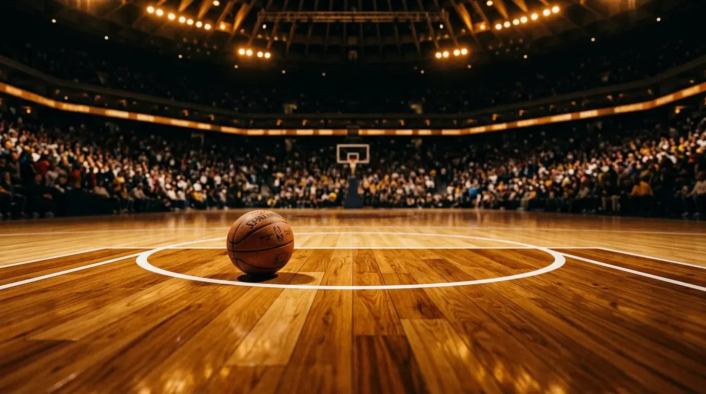 Cancha de baloncesto NBA con tablero de cuotas de apuestas al campeón de la temporada 2025-2026