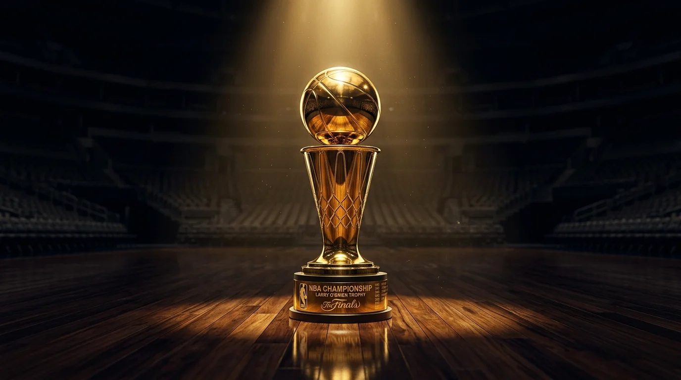 Trofeo de campeonato NBA iluminado con reflejos dorados sobre fondo oscuro de parquet