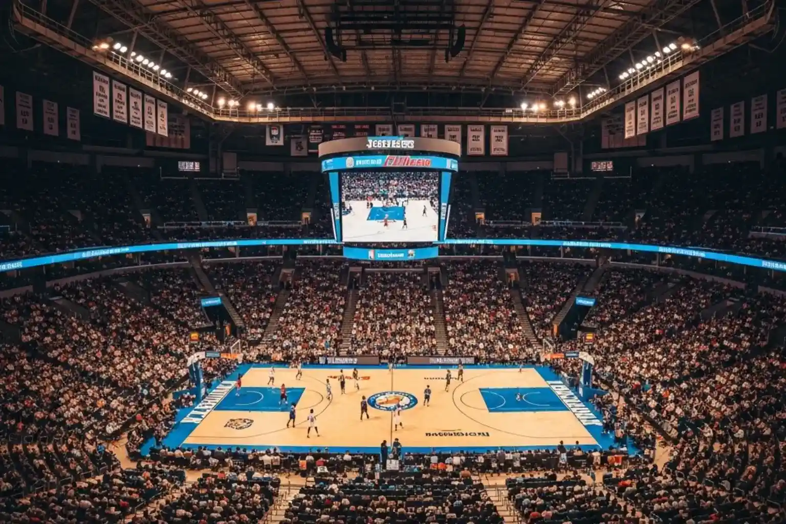 Arena de baloncesto NBA llena de espectadores durante un partido nocturno con iluminación profesional y ambiente de competición