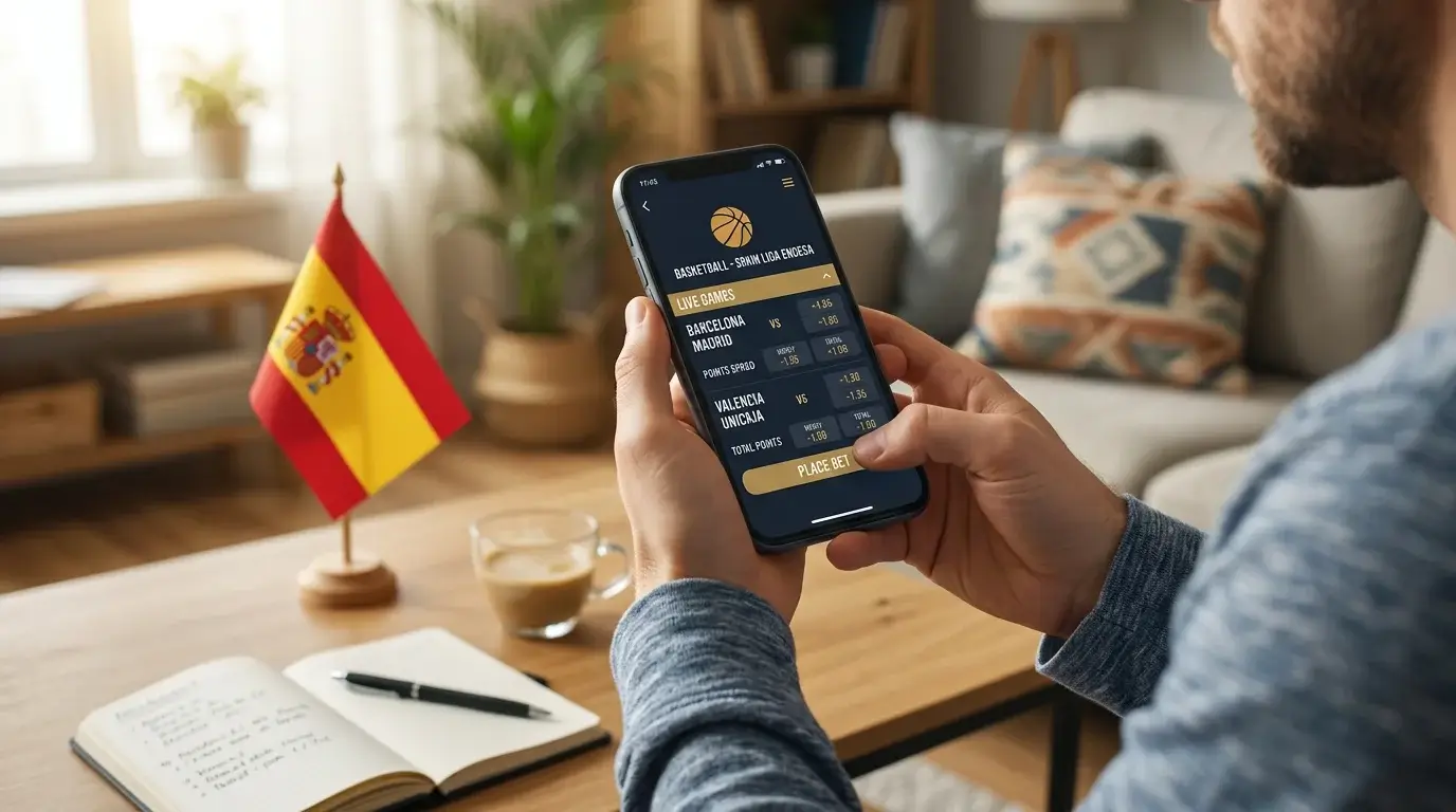 Persona consultando una plataforma de apuestas deportivas en un móvil con la bandera de España y símbolos de regulación legal